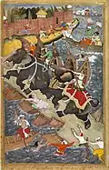 Basawan Akbarnama; c. 1590; watercolor on paper; 33 x 20 cm; Victoria and Albert Museum (London)[96]