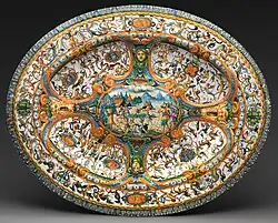 Basin or dish with The Gathering of Manna and extensive grotesques, 1620–45, probably made as a pair to an Italian dish of the 1560s.[34]