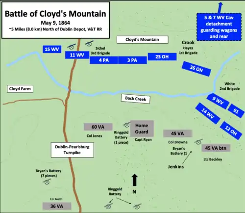 A color map showing the Union and Confederate troop positions (shaded blue and grey respectively) and their commanders, with the Back creek separating them