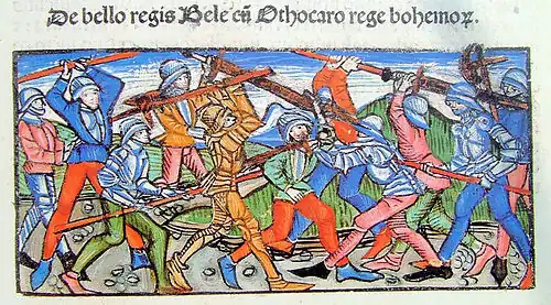 Chronica Hungarorum, Thuróczy chronicle, Battle of Kressenbrunn in 1260, King Béla IV of Hungary, King Ottokar of Bohemia, battle, Hungary, Austria, Bohemia, fight, armored soldiers, medieval, Hungarian chronicle, book, illustration, history