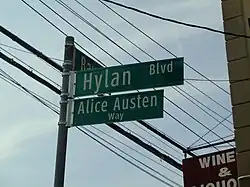 A green street sign reading "Hylan Blvd" directly above another green street sign reading "Alice Austen" with telephone wires and a wine store sign in the background.