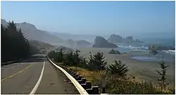 A view from the shoulder of a highway of several large rock outcroppings on a coastal beach with small trees and grasses in the foreground.