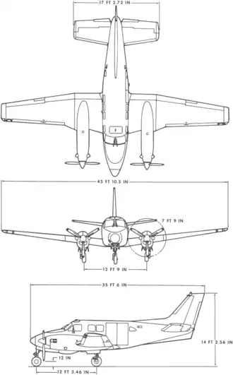 3-view line drawing of the Beechcraft U-21A Ute