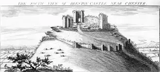 Engraving of Beeston Castle in 1727 by the Buck Brothers, showing Beeston Castle from the south.[65] By this time, the castle defences had been dismantled to render it strategically useless