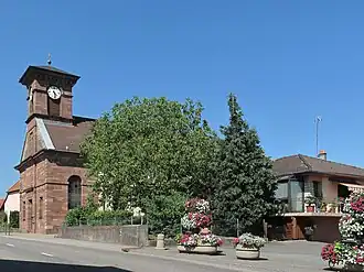 The church of Sainte-Suzanne, viewed from the road in Bessoncourt