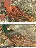 Satellite images that show the extreme erosion in the Betsiboka Estuary in Madagascar due to deforestation, which results in rapid denudation and one of the fastest changing coastlines.[43]