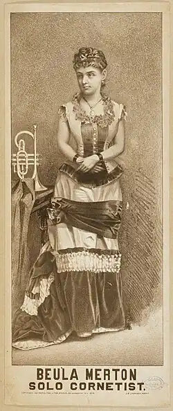A poster featuring a full-length illustration of a young woman in a corseted gown, with a cornet on the table next to her