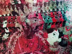 Mural from 1708 at the royal palace of Bhaktapur depicting Vishva Lakshmi and her husband as a divine couple.[8] Vishva Lakshmi also had a small mole on her chin, as can be seen in this mural.[8]