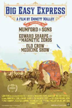 Poster depicting winged buffaloes gathered in a grassy field as a red train passes through. The title Big Easy Express by Emmett Malloy appears in bold blue font at the top center, with the featured bands, Mumford & Sons, Edward Sharpe & the Magnetic Zeros, and Old Crow Medicine Show, listed below.