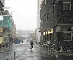 Donald Woods Building to the right, demolished 2014