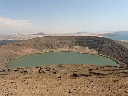 Bir Ali Crater in Shabwa, the crater is about 1.3 km wide and contains water with a surface of about 800 meters wide