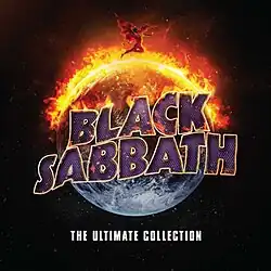 A planet with the top ablaze, with the words "BLACK SABBATH", in front of it.