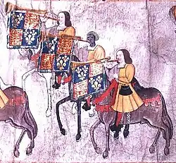 1511. Herald trumpeters of Henry VIII blowing looped business or clarions. Middle trumpeter is thought to be John Blanke, an African in service to Catherine of Aragon.