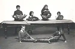 1910s photo of school children being taught to use touch to identify various creatures at Sunderland Museum.