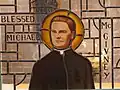 A stained glass window of Blessed Michael McGivney at the Parish of St. Catherine of Siena in Trumbull, Connecticut