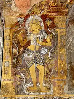 In this painting, bodhisattva wearing a short-waisted body shirt and a dhoti-like paso(ပဆိုဝ်)/ kase(ခဆီး).