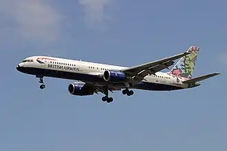 A Boeing 757-200 in 2003, wearing one of the British Airways ethnic liveries