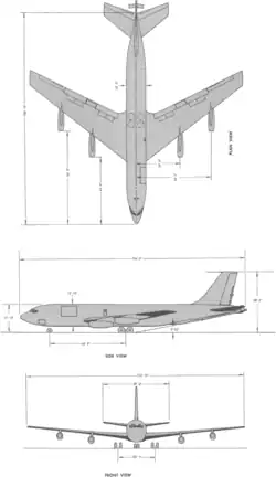 3-view silhouette drawing of the Boeing KC-135A Stratotanker
