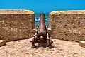 Ancient fortress cannon at historic Borj Sidi Mimoun (Tower) in Asilah city, located on the Atlantic coast of northwestern Morocco.