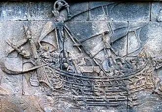 One of the ships in Borobudur depicting a double-outrigger vessel with tanja sails in bas-relief ( 8th–9th century)