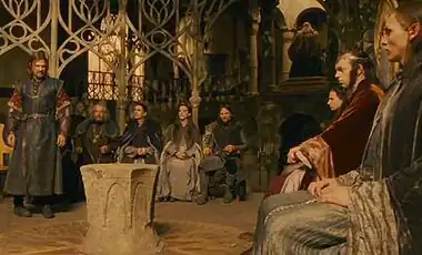 Film still showing Peter Jackson's portrayal of the Council