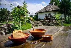 A bowl of borscht with bread and salt on the side in a village setting