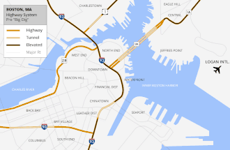 Boston's highway system before and after the Big Dig