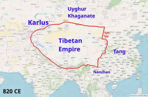 Boundary of the Tibetan Empire in 820 CE from The Historical Atlas of China[1][2]