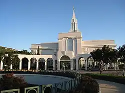 The parking lot and entrance of the Bountiful Utah Temple, a temple of the Church of Jesus Christ of Latter-day Saints, Mormon Bountiful temple, LDS Bountiful Temple