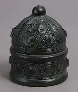 Box, probably for ink powder, 15th-century Italian, textile interior and wood core