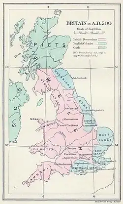 Image 32Britain in AD 500: The areas shaded pink on the map were inhabited by the Britons, here labelled Welsh. The pale blue areas in the east were controlled by Germanic tribes, while the pale green areas to the north were inhabited by the Gaels and Picts. (from History of Wales)