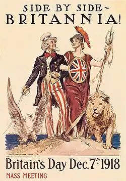 Britannia arm-in-arm with Uncle Sam symbolizes the British-American alliance in World War I. The two animals, the Bald eagle and the Barbary lion, are also national personifications of the two countries.