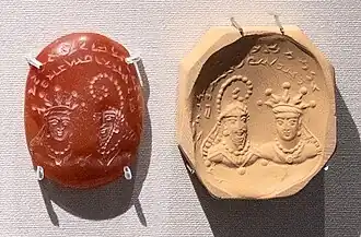Seal with two facing busts and Sogdian inscription "Indamic, Queen of Zacanta", Kushano-Sasanian period, 300-350 CE. British Museum 119999.[12]