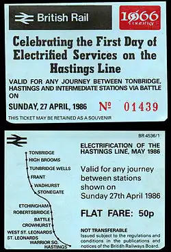 Photograph showing both sides of the souvenir ticket from the first day of electric train operation, 27 April 1986.