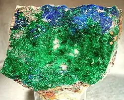 Brochantite on linarite. Locality: Mujuram, Morocco. Size 8 × 8 cm.