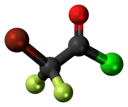 Ball-and-stick model of the bromodifluoroacetyl chloride molecule