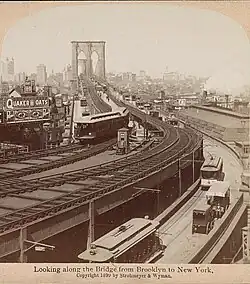 A grayscale view of the bridge approach on Brooklyn side circa 1899
