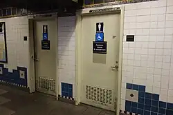 Two public bathroom doors with the wheelchair accessible icon and Braille signs