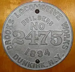 Brooks Locomotive Works builder's plate
