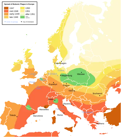 A computer generated map of Europe, with bands of colour marking the spread of the Black Death. England appears in amber, showing infection halfway through the epidemic