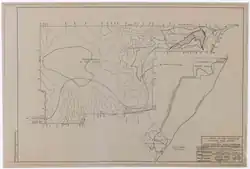 A beige map with several black lines and explanatory notes