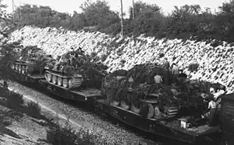 Panthers, already with bush camouflage attached, being transported by rail to the front in France.