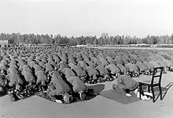 hundreds of men kneeling and bent over in Muslim prayer