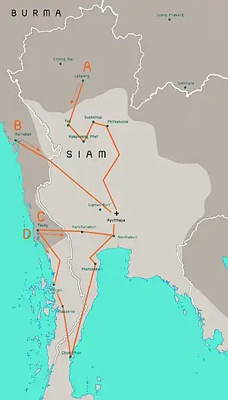 Sketch-map showing Burmese forces' advance towards Ayutthaya: The territories shown are those at the time being *   Siam *   Burma and its vassals *   Third territories *   Routes of advance (main attack routes shown in A and C) *   Present-day border