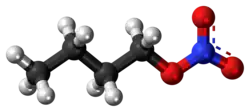 Ball-and-stick model of the butyl nitrate molecule