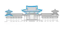 An architectural drawing of a Japanese temple with several of the sloping roofs highlighted in blue