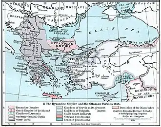 Map of the Balkans and Anatolia. The western Balkans are almost entirely dominated by Serbia, and the eastern are divided between Bulgaria and Byzantium. Anatolia is controlled by the Turks, with the Ottoman emirate in the northwest, opposite Byzantium, highlighted. Small Christian exclaves in Anatolia are Trebizond in the northeast and Armenia in the southeast. In the Aegean, most islands belong to Latin states, especially Venice.