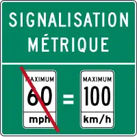 Metric signage reminder in Quebec, posted near US border