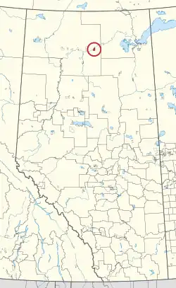 A map of the province of Alberta showing 80 counties and 145 small Indian reserves. One is highlighted with a red circle.