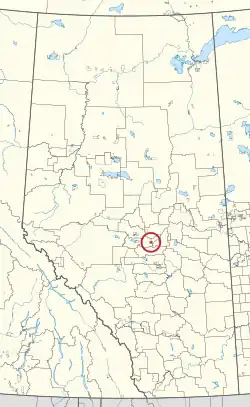 A map of the province of Alberta showing 80 counties and 145 small Indian reserves. One is highlighted with a red circle.